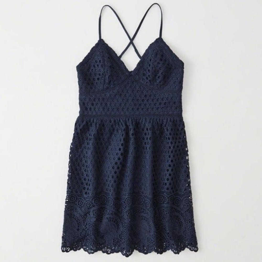 NWT Abercrombie Navy Lace Crochet Crossback Strappy Dress Blue S